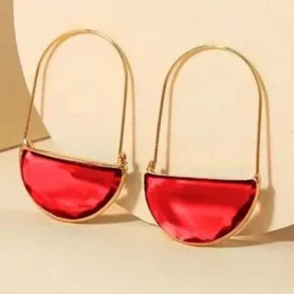 Ruby Red Glass Crescent Hoop Gold Earrings - Picture 3 of 6